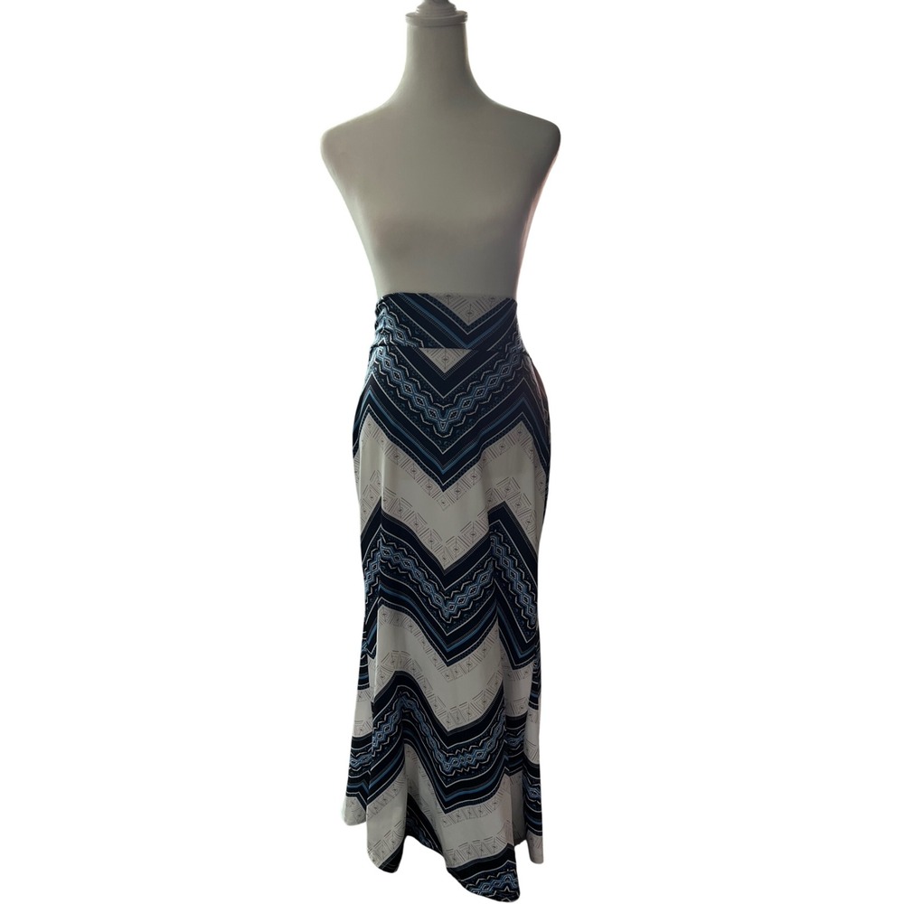 Blue White Chevron Geometric Tribal Maxi Skirt Womens Size L XL Boho